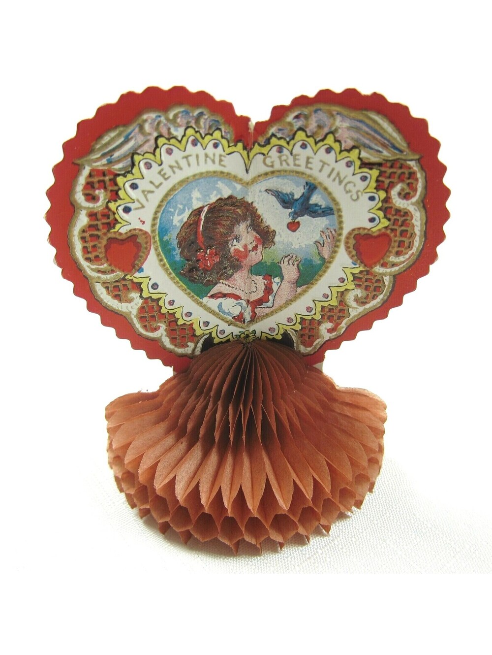 Vintage Valentine Beistle Honeycomb Stand Up Heart Girl & Blue Bird USA 1920-30s